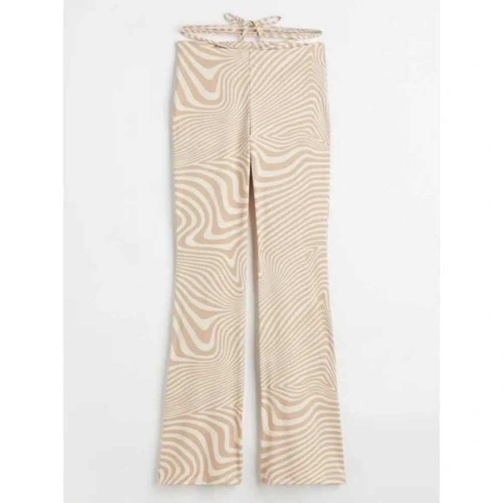 70s Groovy Retro Swirl Print Flare Pants Y2K Festival M Tie Wrap Waist Boho